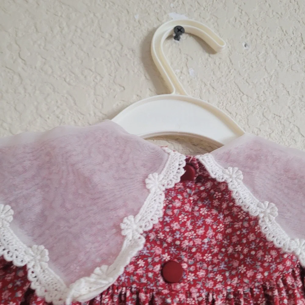 Vintage Sarah Kent 4T Red Floral Puff Sleeve Dress Lace Collared Bow Cottagecore